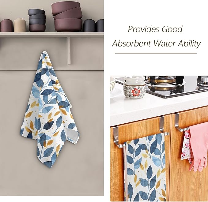 Blue and Gold Leave Branches Hand Towels for Bathroom Set of 2,Watercolor Navy Golden Leaf Decorative Bathroom Towels for Bath,Face,Hair,Soft Absorbent Dish Towels for Kitchen Decor 28"x14"