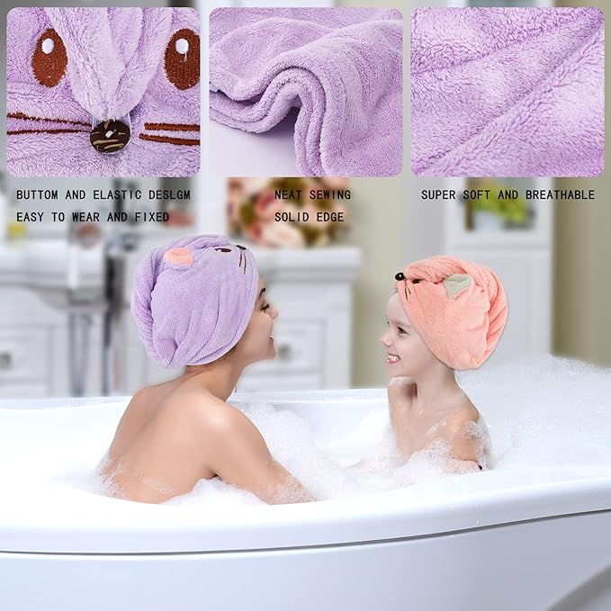 Whaline 2 Pack Parent-Child Quick Dry Hair Towel Cute Mouse Hair Towel Wrap Purple Pink Cotton Hair Turban Towels Super Absorbent Hair Drying Towel for Women Parent Kids Curly Long Thick Hair