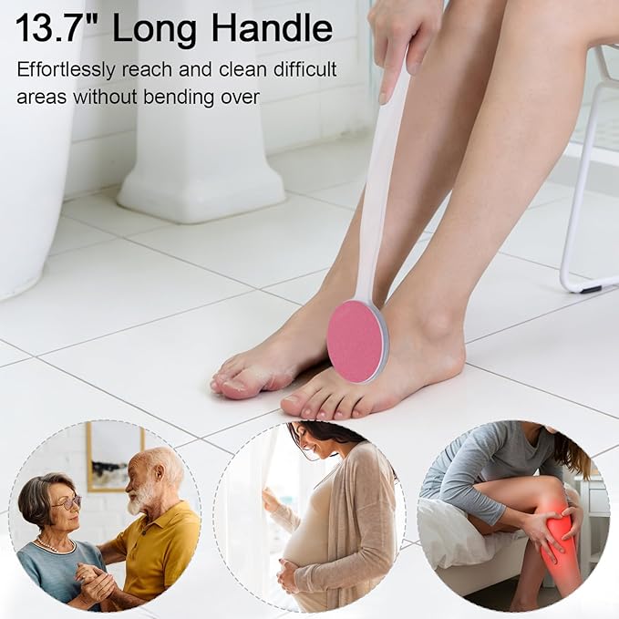 2Pcs Foot File Callus Remover 13.7" Long Handle, 2-in-1 Foot Scrubber with Coarse and Fine Sand Paper Pedicure Tool for Cracked Heels, Dry & Dead Skin, Soft Smooth Feet, Clear White