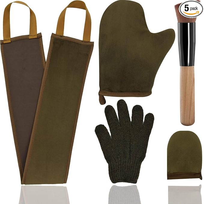 5-Piece Self Tanning Mitt Set with Tan Applicator Mitts, Face Mitt, Exfoliating Glove, for Bronze Tan