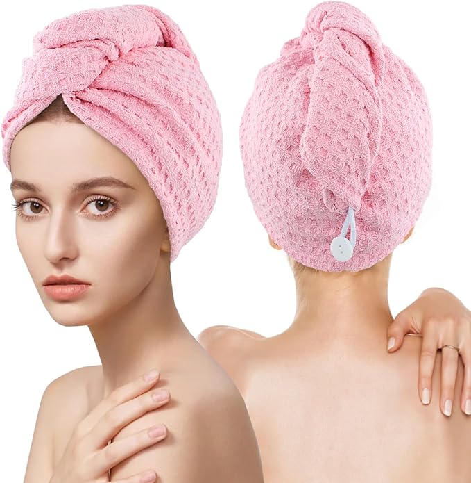 MaopaoBeauty Microfiber Hair Towel - Waffle Drying Hair Wrap (2 Packs, 10.6x27.5inch, Pink)