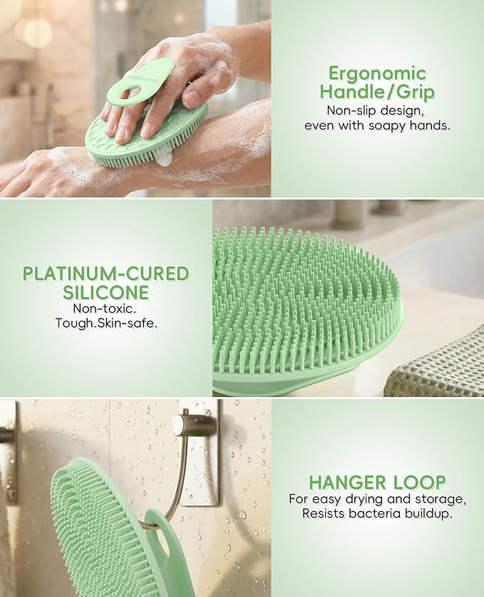 Soft Silicone Shower Brush Body Wash Bath Exfoliating Skin Massage Scrubber, Dry Skin Brushing Glove Loofah, Fit for Sensitive and All Kinds of Skin(Mint+Blue)