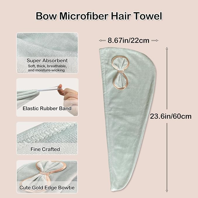 Jseng Microfiber Hair Towel Wrap for Women with Cute Bowtie, 2Packs Fast Drying Hair Towel Hair Turbans for Curly Long Wet Hair