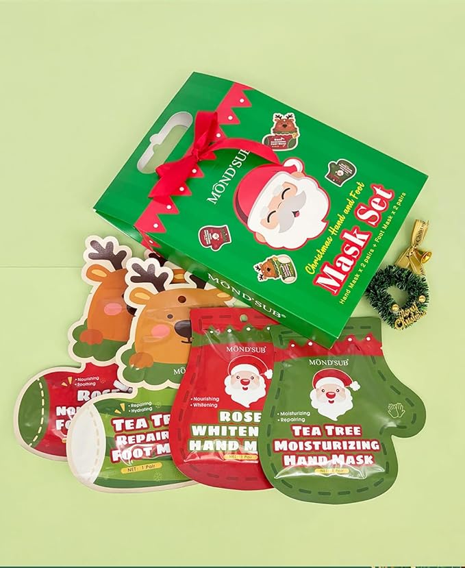 MOND'SUB Christmas Hand and Foot Mask,Moisturizing & Repairing,Self Care Gifts for Women,Spa Kit, Stocking Stuffers, 2 Gloves & 2 Socks,Rose & Tea Tree
