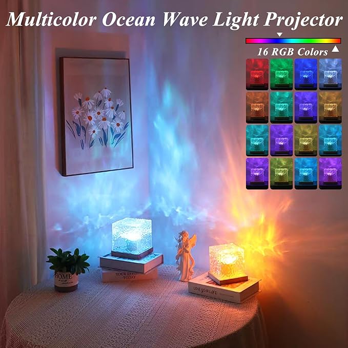 Aurora Ocean Wave Lights Projector No Wiring, Touch Cube Color Changing Light with 16 Colors 4 Modes Dimmable Cordless Mood Lamp for Shower, Northern Light for Bedroom Bathroom, with Remote (Large)