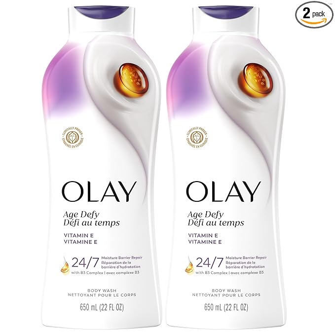 Olay Body Wash for Women, Age Defy with Vitamin E, 24/7 Moisture Barrier Repair, Hydrating & Cleansing for Visibly Soft Skin, Vitamin B3 & Hyaluronic Blend, All Skin Types, 22 fl oz (Pack of 2)