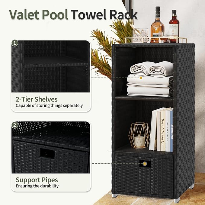 Rattan Outdoor Pool Towel Rack Cabinet, Wicker Pool Storage Bins Storage Organizer, 2 Layer Shelf Hot Tub Spa Accessories, 45in, Black