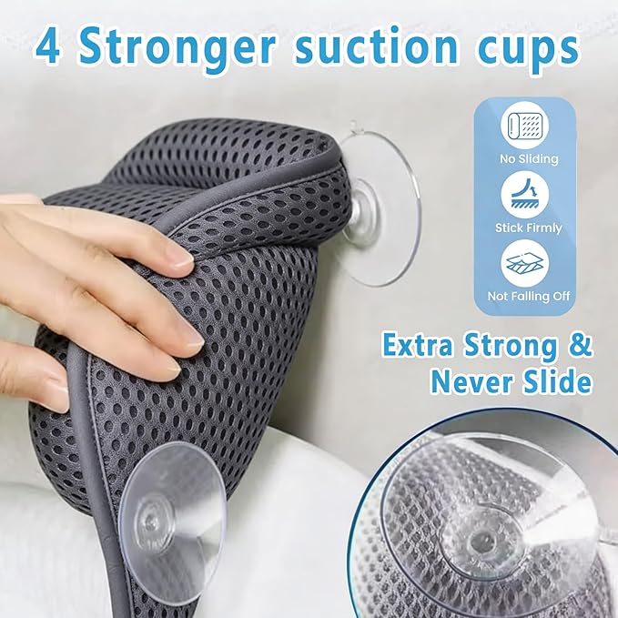 Luxury Bath Pillow for Tub - 4D Air Mesh Head/Neck/Back Support with 6 Non-Slip Suction Cups (Gray)