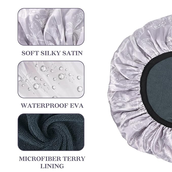 White Butterfly Print Satin Shower Cap, Three-Layer Terry Cloth Lined, with Silk Hair Ties, Microfiber Waterproof Reusable Large Size Shower Cap for Women Long Thick Hair