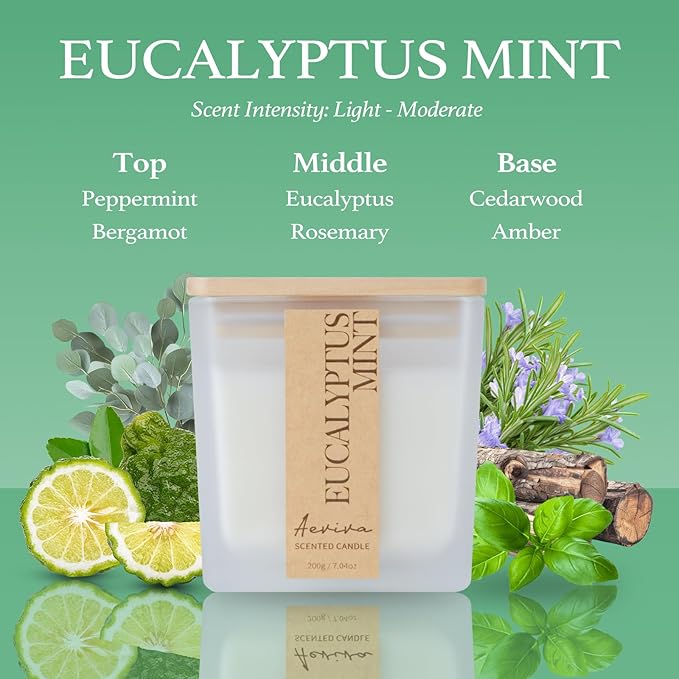 Eucalyptus Mint Scented Candle, 7.04oz 40 Hour Burn, Natural Soy Wax with Crackling Wood Wick, Highly Scented Aromatherapy Candle for Stress Relief & Meditation, Gifts for Women & Men