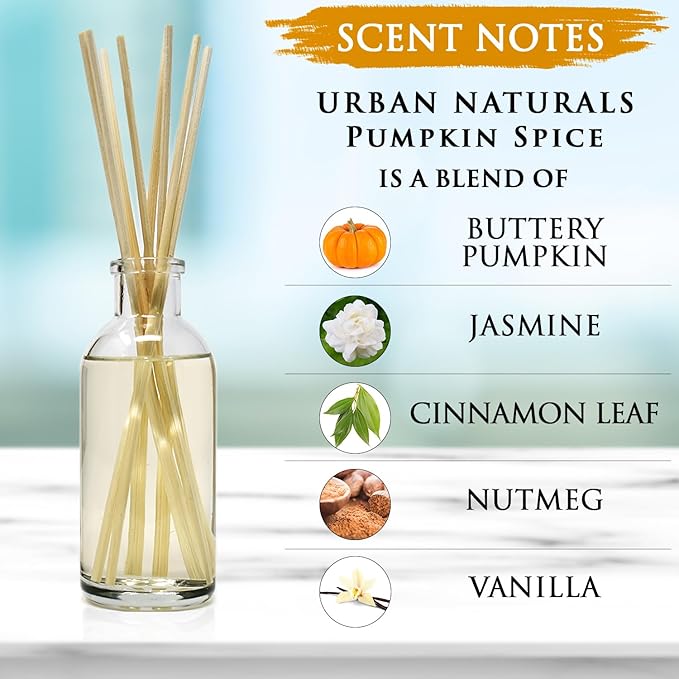 Urban Naturals Pumpkin Spice Reed Diffuser Set - Buttery Pumpkin with Jasmine, Cinnamon Leaf, Nutmeg and Vanilla - Made in the USA