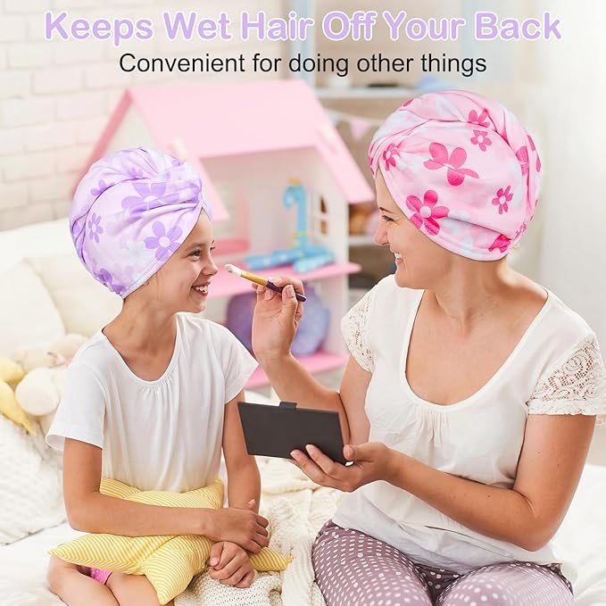 Basumee Microfiber Hair Towel Wrap for Kids 2 Pack Rapid Drying Hair Towel with Button Hair Turbans for Wet Hair Wraps Head Towel Wrap for Women and Girls