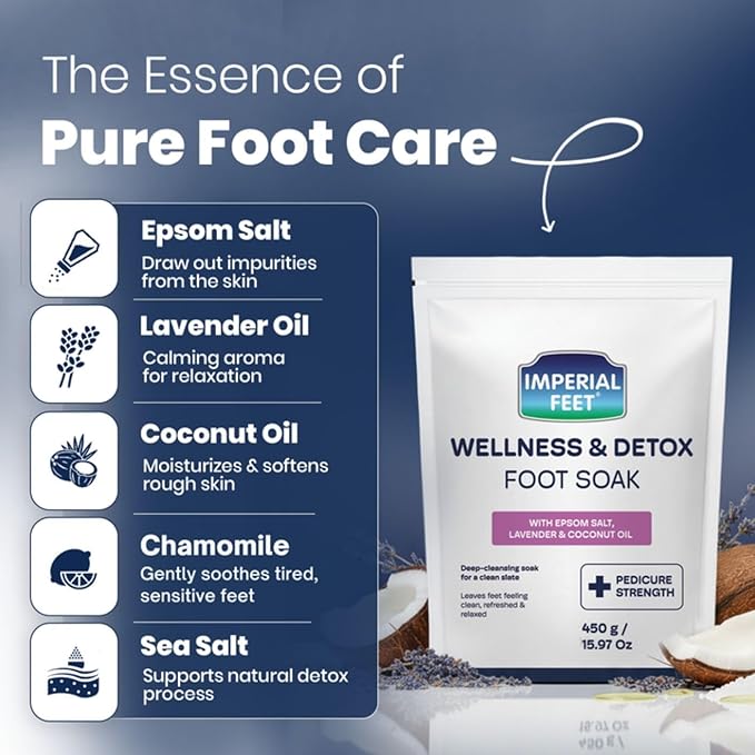 Imperial Feet Epsom Salt Foot Soak (PEDICURE GRADE)-Relaxing Wellness Detox Foot Soak for Tired Feet, Stress Relief & Deep Cleansing Foot Soak Salts with Lavender & Coconut Oil 16oz (Purple)