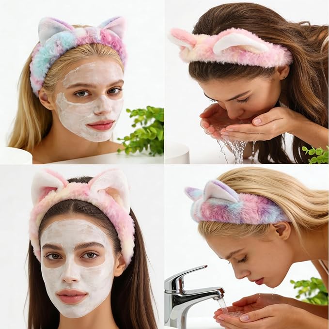 2 PCS Cute Cat Ear Spa Headband For Washing Face, Skincare Makeup Headbands For Women, Soft Coral Fleece Hair Accessories (Gradient Pink, Blue)
