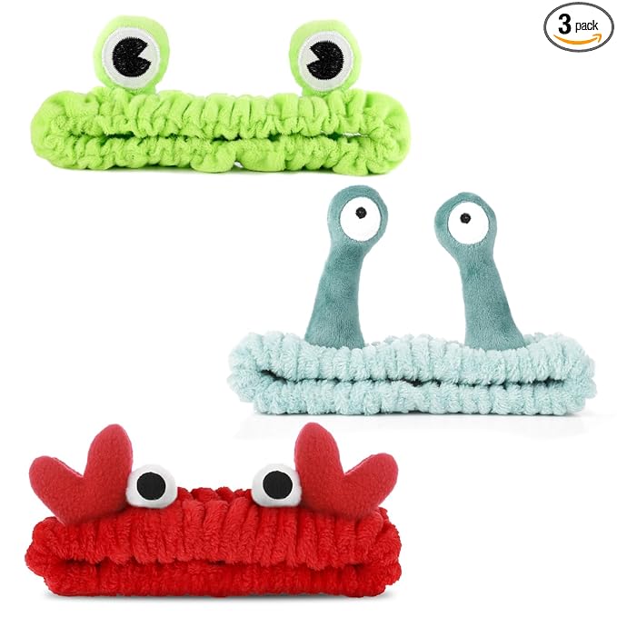 WLLHYF 3 Pack Spa Headband Face Wash Hairband Facial Makeup Head Wraps Cartoon Elastic Head Band Cute Frog Snail Crab Shower Headband Creative Hair Accessories for Beauty Skincare Sports
