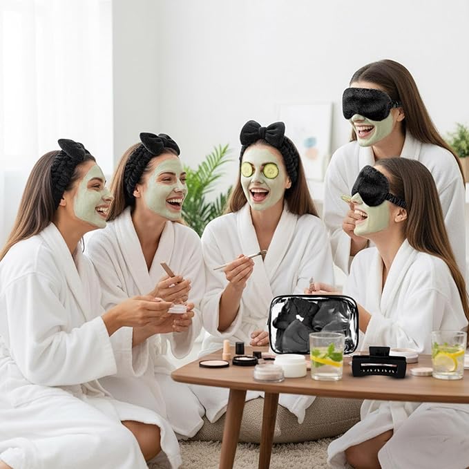Hoteam 24 Pcs Spa Party Favors Supplies 6 Spa Headband 6 Plush Sleep Eye Mask 6 Hair Claw Clips 6 Clear Cosmetic Bags for Adult Sleepover Slumber Party Graduation Gift(Black)
