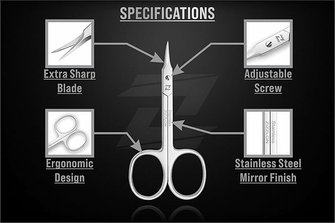 Cuticle Scissors Professional Extra Fine Curved Pointed Tip - Stainless Steel Grooming Scissors for Eyebrows, Beard, Nose Hair, Eyelash, Mustache, Dry Skin - Manicure Scissors