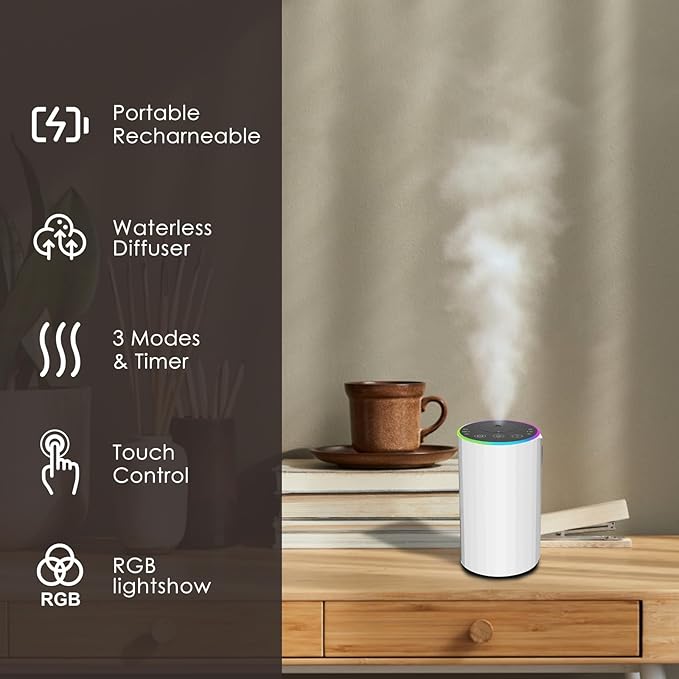 Waterless Essential Oil Diffuser, 7 Colors LED Light, Battery Powered Mini Scent Air Machine, Aromatherapy Mist Diffuser for Home Room Car Office，Black Aluminum Alloy (Black) (White)