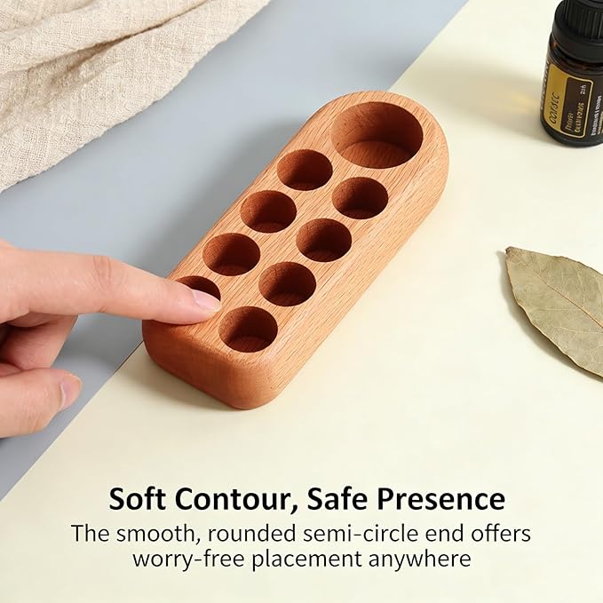 VolksRose 5~100ml 9 Holder Wooden Essential Oil Organizer - Storage Rack with Stickers - Elegant Travel & Display Stand for Essential Oils, Nail Polish, Perfume, Compact Shelf for Tabletop