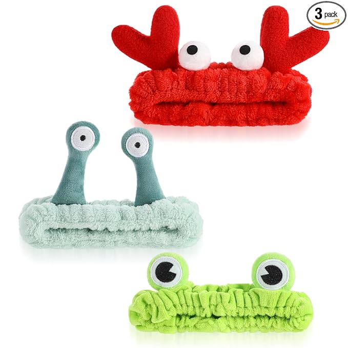 3Pcs Face Wash Headband Cute, Soft Spa Headband for Washing Face, Coral Fleece Elastic Frog Crab Snail Head Band, Cartoon Makeup Headbands for Women, Fun Face Wash Headbands for Women Skincare Shower
