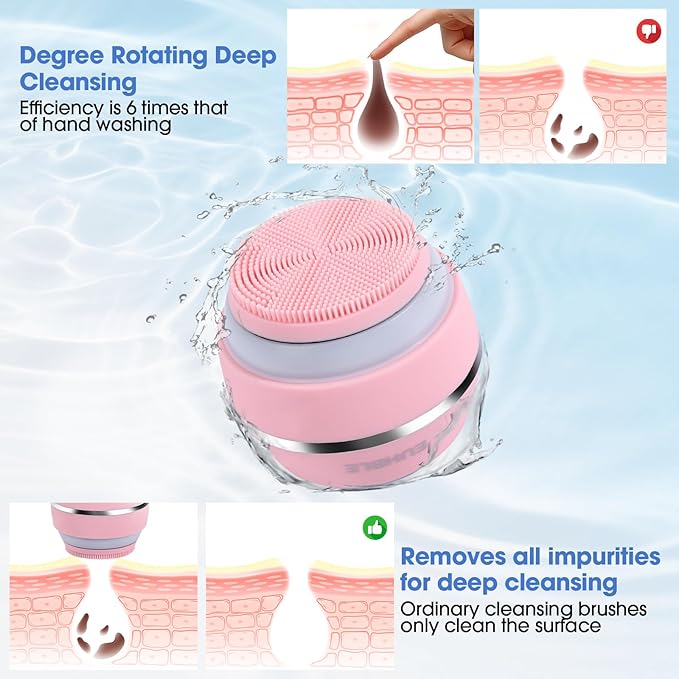 Electric Facial Cleaner with 6 Modes & 3 Light Effects, Rechargeable Waterproof Face Scrubber for Women and Men, Includes Extra Brush Head, Easy-Clean Hanging Design (Pink)