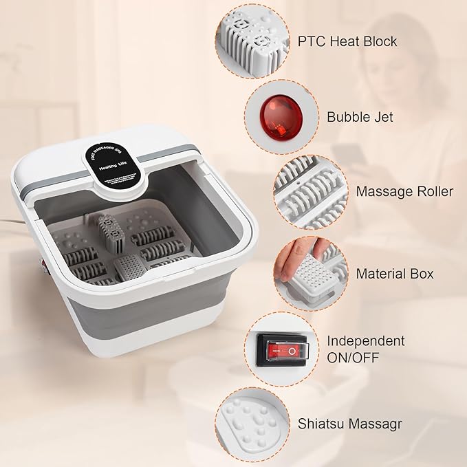 Collapsible Foot Spa Bath Massager with Heat, Bubble, Foot Soaking Tub with Handles, Foot Pedicure Kit, Temperature Control, Massage Rollers, Collapsible Bucket for Cleaning