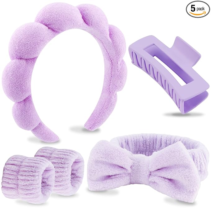 VELSCRUN Spa Headbands for Wash Face, Makeup Headband, Facial Skincare Headbands, 5 Pcs Purple Puffy Sponge Spa Headband Bow Tie Hair Band Hair Clips Wristband Set Women Girls Accessories