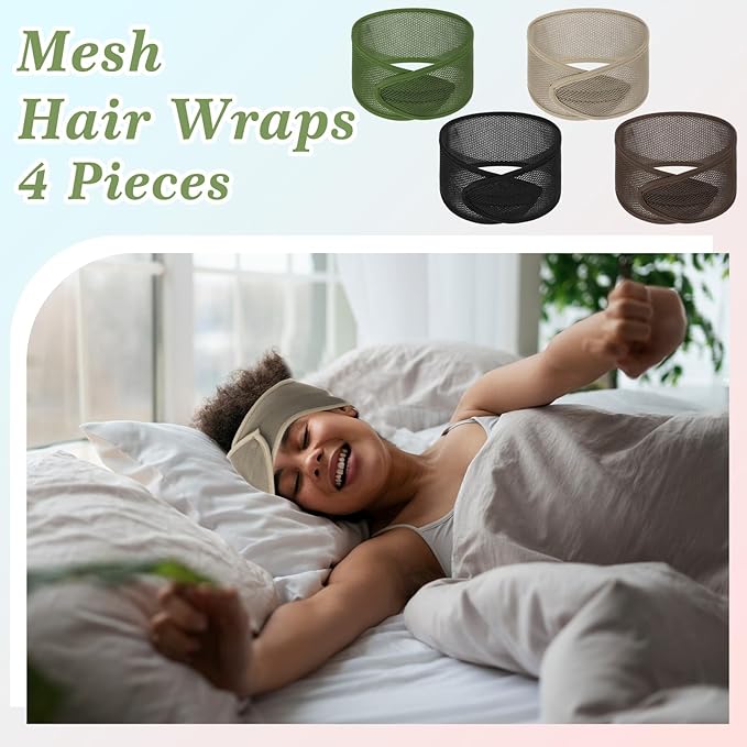 CIATBYYJ 4Pcs Mesh Hair Wraps for Black Women Adjustable Soft Meshs Head Wraps Stretchable Wrap Cap for Women Long Short Hair Non-slip Washable Mesh Hairs Wrap for Makeup Washing Sleeping Spa