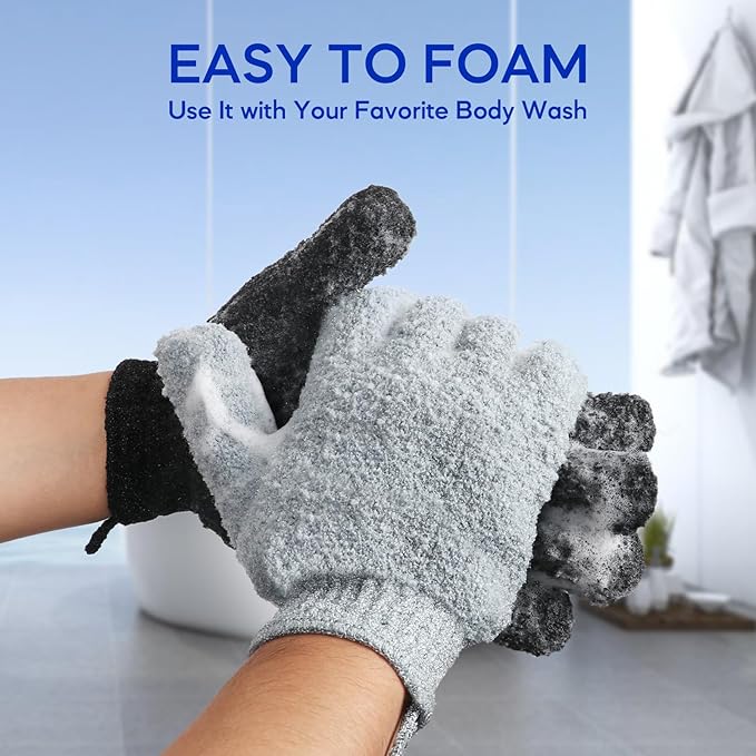 Exfoliating Gloves for Big Hands 8Pack- Lengthened and Large Double-Sided Shower Gloves(4Pairs/8Pcs) for Shower, Spa, Massage - Large Bath Gloves (4Pcs Black and 4Pcs Gray)