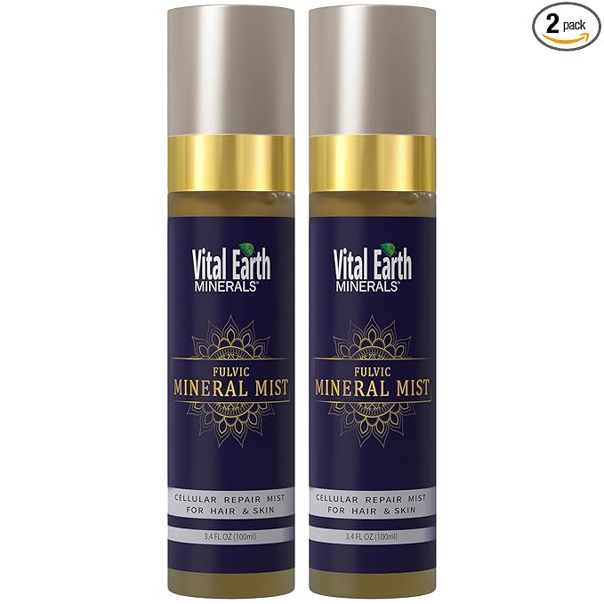 Vital Earth Fulvic Mineral Facial Mist, Travel-Friendly 2-Pack – Anti-Aging Face & Hair Spray for Cellular Renewal & Hydration, 3.4 Oz Ea