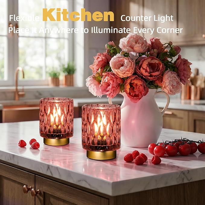 Battery Operated Table Lamps Timer, Mini Crystal Lamp for Area No Plug, Cordless Lamp with LED Bulb for Power Outage, Decorative Lamps for Tabletop/Corner/Entryway/Stairway/Bathroom/Fireplace (2 Pink)