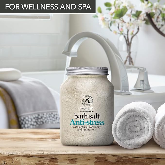 De-Stress Bath Salt 46 Oz - 100% Natural & Pure Salt Essential Oils Rosemary & Juniper - Best for Good Sleep - Relaxing - Calming - Body Care - Beauty - Aromatherapy - Stress Relief