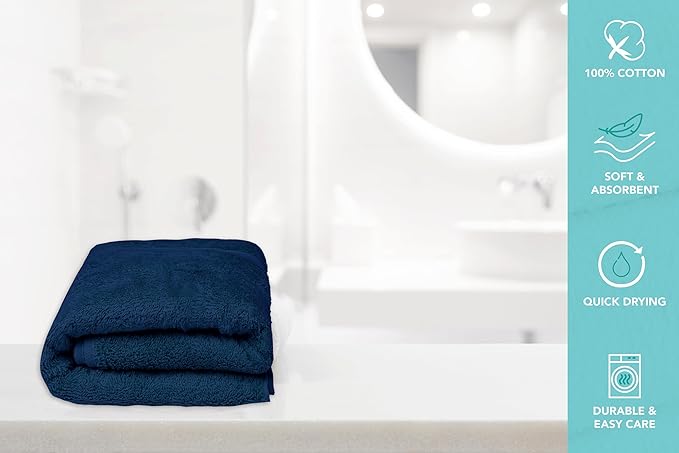 Large Bath Towels Pack of 6 – 24" x 50", 100% Cotton Terry – Soft, Quick-Dry & Highly Absorbent – Navy Blue Towels for Bathroom, Spa, Shower, Pool & Daily Use
