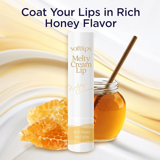 Softlips Melty Cream Hydrating Lip Balm, Honey Flavor, Long-Lasting Moisturizing Care for Everyone with Dry, Chapped Lips, Smooth Non-Sticky Finish, 0.12 oz