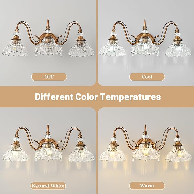 Vintage Bathroom Vanity Light, 3-Light Matte Antique Brass Finish Wall Sconce with Hanging Crystal Accents and Flower-Shaped Clear Glass Shades, Retro Wall Mount Vanity Light Over Mirror for Bathroom