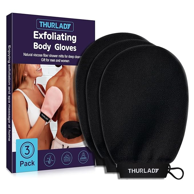 Exfoliating Glove, Korean Exfoliating Mitt Body Scrubber Exfoliator, 3 Pack Viscose Fiber Bath Shower Scrub Gloves, Dead Skin Remover for Body, Smoother Skin and Self-Tan Removal & Prep
