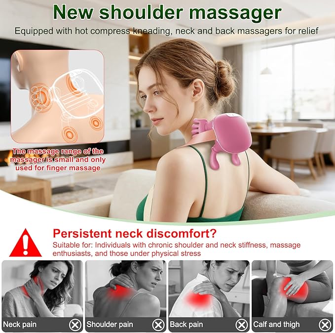 Nooydio Neck Massager, Neck and Back Massager with Heat & 4D Kneading, Shiatsu Deep Tissue Wireless Massager for Shoulder Cervical Pain Relief, Portable Rechargeable for Home Office (Pink)
