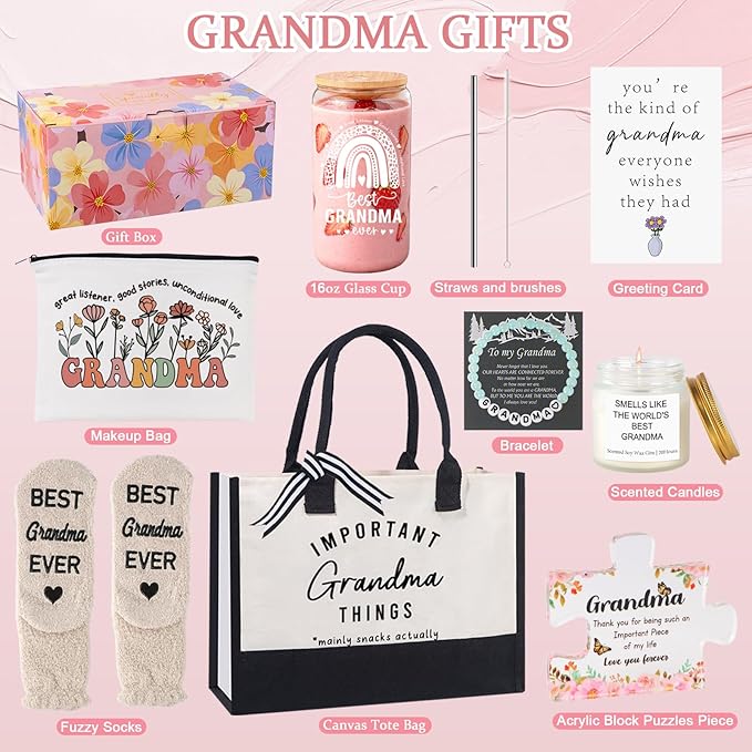 Mothers Day Birthday Gifts Basket for Grandma, New Grandma Gifts for Mothers Day, Grandmas Gift for Birthday, Grandmother Gift from Granddaughter Grandson Grandchildren Grandkids, Grandmas Presents