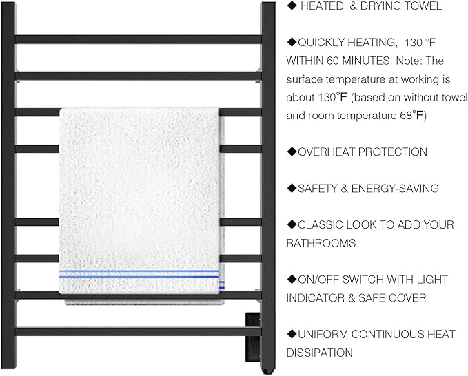 HEATGENE Towel Warmer, Heated Towel Warmer Rack, Wall-Mounted Hardwired/Plug-in Electric Towel Warmers for Bathroom, Hot Towel Rails - Matte Black