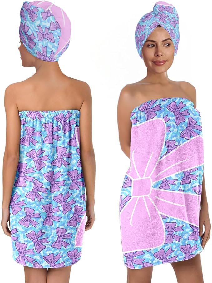 Bow Towel Wrap for Women Girls – Microfiber Shower Spa Wrap with Hair Towel Turban – Quick Dry Bath Skirt Set for Travel, Dorm, Pool, Beach, Gifts for Teen Girls (Bow 2)