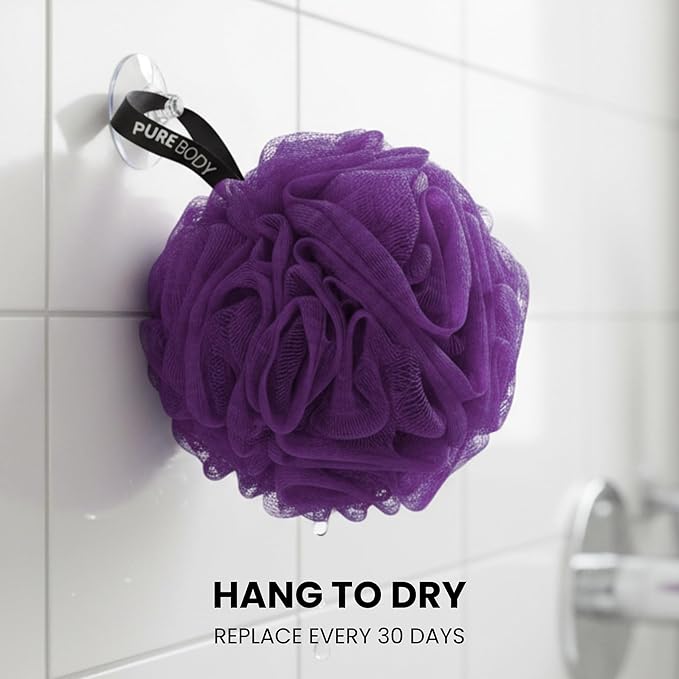 Large Purple Bath Sponge Pack of 3 – Gentle Exfoliation Loofahs with Suction Cup for Easy Drying, Soft 70G Mesh Poufs for All Skin Types, Lather for Daily Use