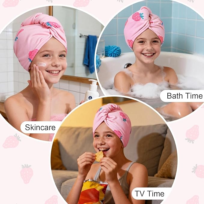 2 Pack Microfiber Hair Towel Wrap for Girls, Quick Dry Hair Turban for Kids, Absorbent Frizz-Free Hair Drying Towel with Button for Long Thick Curly Hair, Pink White Strawberries