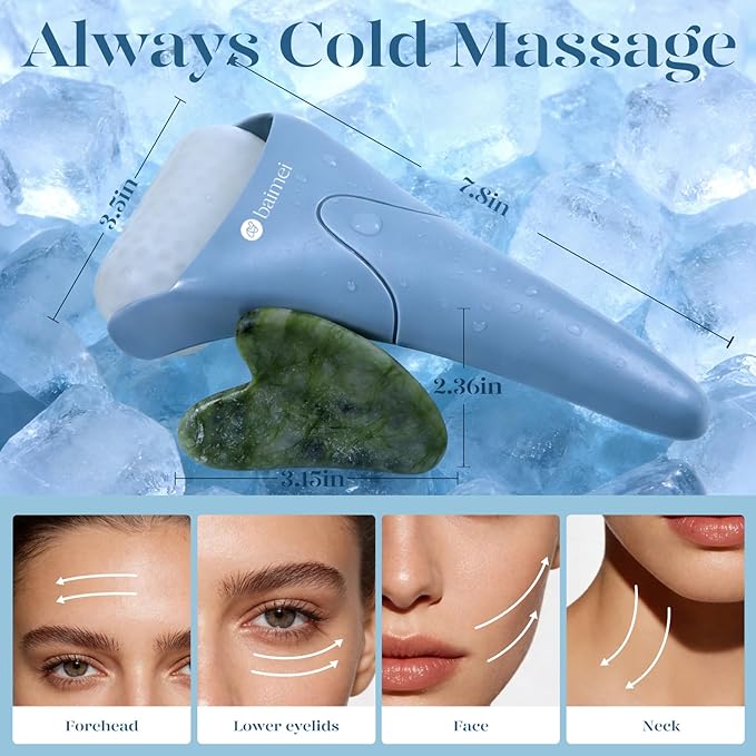BAIMEI IcyMe Ice Roller for Face and Gua Sha Facial Tool Set, Ice Face Roller Reduces Puffiness Skin Care Tools, Self Care for Women - Bule