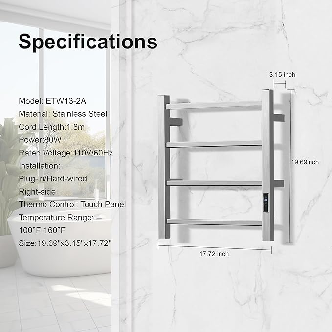 HARNDY Electric Towel Rack with Voice Control for Alexa & Google Home,TUYA - Wall-Mounted Bathroom Heating Towel Warmer,Plug-in,Stainless Steel Material (Square Brushed with Timer, 4 Bar)