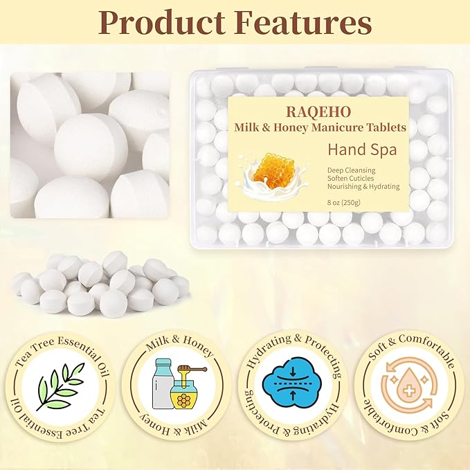 Manicure Spa Balls 8oz - Milk & Honey Soak Balls, Moisturizing Tablets, Cuticle Softener for Foot and Hand Soak Pedicure Spa Supplies Manicure Tools Nail Salon & Tavel Esenntial（80count）
