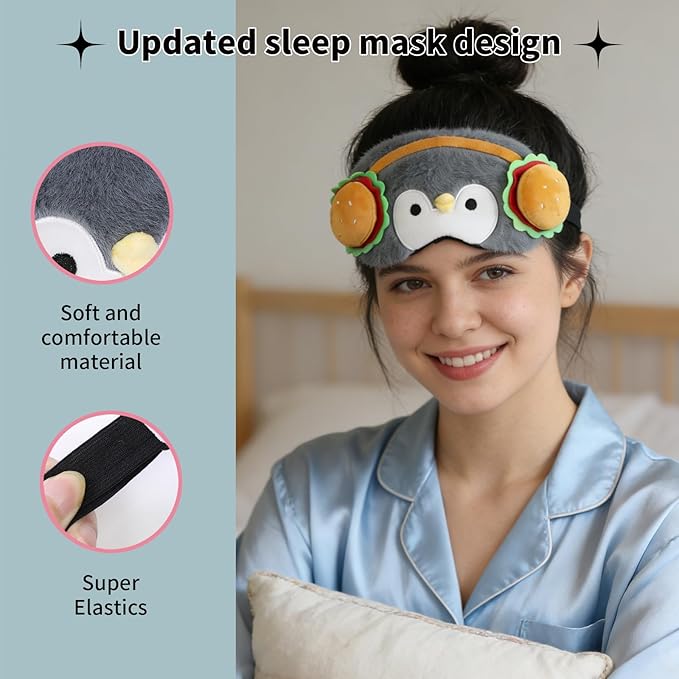 PERFECTSIGHT Sleep Eye Masks, Cute Penguin Plush Sleep Eye Cover Lightweight Adjustable Eyeshade Faux Fur Mask Cover for Women Men Sleep Travel Nap, Burger Headphone