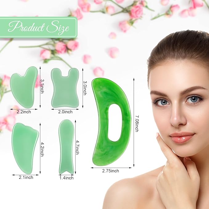 Treela 5 Pcs Gua Sha Facial Tools Set and 1 Pcs Body Gua Sha Massage Tool with Handle for Face Back Neck Leg Body Scraping Massage Board Guasha Comb(Jade, Resin,Green)