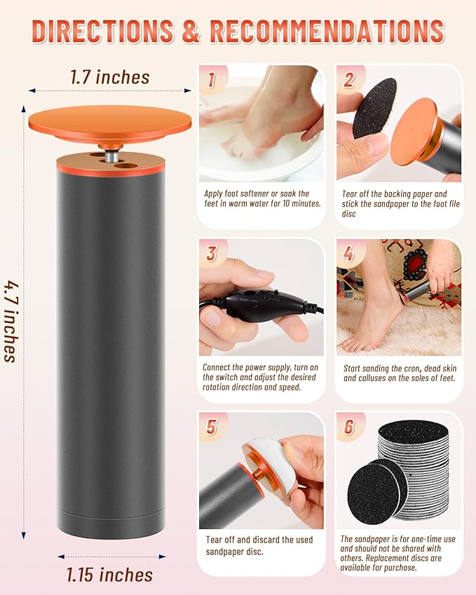 DERMAWAVE Electric Callus Remover for Feet with 60 Sandpaper Discs, Adjustable Speed Professional Foot File Electric Heel Grinder Sander Pedicure Tool for Men & Women