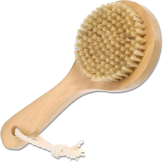 Dry Bath Body Brush with Short Handle, Natural Bristles Back Scrubber, Anti-Slip Wooden Handle for Exfoliation, Blood Circulation, and Cellulite Reduction, Brown