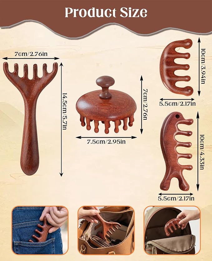 4 Pack Wooden Scalp Massager Comb, Portable Manual Head Massage Brush Tool Hair Growth